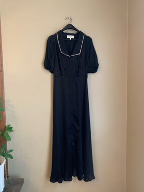 THE GREAT. The Melody Dress Romantic Puff Sleeve Satin Maxi Black Sz 2 With Belt